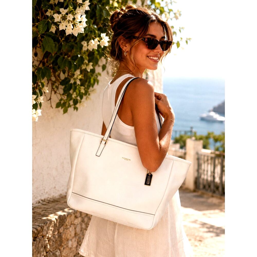 Coach City Saffiano White Leather Large East/West Tote gold hardware minimalist